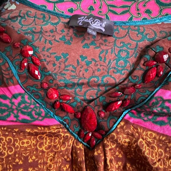 Hale Bob Silk Dress Pink Boho Jewels V Neck Beach Tropical Aztec Colorful Fall - Picture 2 of 7
